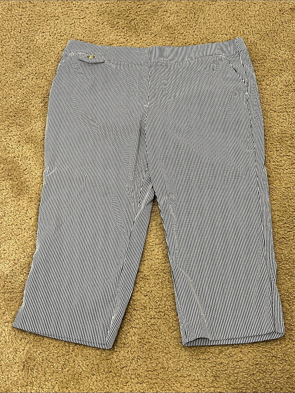 Counterparts Blue White Cropped Stripe Capri Pants With Gold Button Detail XL